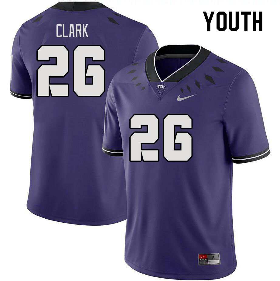 Youth #26 Bud Clark TCU Horned Frogs 2023 College Footbal Jerseys Stitched-Purple